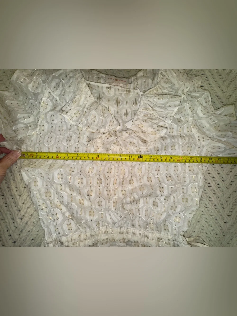 Tory Burch Jasmine Dress Ivory Gold Metallic Ruffle Silk Blend Sz 4 No slip NWT